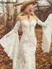 Bohemian Illusion Open Back Lace Mermaid Wedding Dresses Long Flare Sleeve Appliques Bridal Gowns