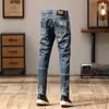 Jeans masculin moteur couture patchwork slim fit lumière à jambes droites vêtements à la mode pou-pant de personnalité puai