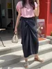 Arbeitskleider Sommer 2 zweiteilige Frauen lässig Fashion Pink Damen T-Shirts Tops unregelmäßige plissierte koreanische Stile Lose Frau Lange Röcke