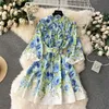 Femmes Summer Casual Robes Holiday Linen Robe Femme Vêtements Rouffon Long Lantern Sleeve Flower Imprimé Single Breasted Belt Mini Vestidos 2024