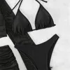 Frauen Bikini Set sexy schwarzes Netz 4 -teiliges Mikro -Tanga 2024 Frauen Badeanzüge Langarmern Crop Tops Röcke Cover Up Strandkleidung