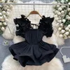 Women's Blouses Elegant Backless Ruffle Pleated Tight Blouse Chic Vintage Korean Fashion Top Women Summer Shirts Gothic Clothing