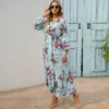 2023 Sping Summer Boheemse vrouwen Maxi Jurk Casual Long Sleeve High Taille Beach Woman Chiffon Dresses Floral Vestidoes Mujer 240416