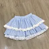 Saias 2024 Blue fofo Harajuku y2k kawaii Mulheres japonesas doces lolita mini polka dot manta de impressão de renda com babados saia de bolo