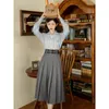 Vestidos de trabalho XGOTH francês Retro Skirt Conjunto de estilo britânico Camisas listradas de colégio de colégio de colégio em V Saias de linha A-line Pleated Four