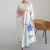 Casual Dresses Women Loose Fit Dress Colorful Printing Maxi With Side Pockets For Three Quarter Sleeve Round Neck A-line Vacation