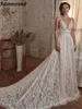 Bohemiska spetsapplikationer avtagbar hylsa a-line bröllopsklänningar v-ringning öppen bakre brudklänningar mantel de mariee