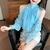 Frauenblusen 2024 Frühling Sommer Langarm Frauen Bluse Koreanische Mode -Chiffon -Hemd sexy Off Schulter loser Bogenknoten Rüschen Tops