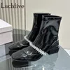 Boots 2024 Autumn Winter Sliver Shiny Med Heels Short Pointed Toe Leather Crystal Brand Female