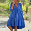 Casual Dresses Sexig V-Neck Cotton Linen Midi Dress 2024 Summer Half Sleeve Solid Pullover Women Elegant Pleated Loose Party