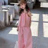 Kledingsets Girls Pak 2024 Koreaanse zomer in vreemde stijl Suspenders losse casual katoen en linnen tweedelige set breedbeen broek