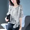 Women's Blouses Vintage Gedrukte vlindermouw Chiffon Bandage Women Clothing 2024 Zomer Loose All-match tops Office Lady Shirts