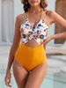 Women's Swimwear 2024 Halter Print Bodysuit Hollow Out Swimsuit One Piece Sexy Female Beachwear Bathers Bathing Swimming Swim Suit