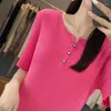 Damen T-Shirts T-Shirt Sommer Worsted Woll Strickwege lässig Solid Color Ladies Tops rund v Hals Pullover Kurzarm schlanke T-Shirts