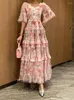 Casual jurken merkontwerper bloemen tule bruiloft prom jurk dames zomervakantie korte mouw laag ruches cake long maxi vestidos