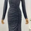 Vestidos casuais diamantes pretos prensados ​​com manga longa Bodycon vestido midi apertado 2024 roupas elegantes para mulheres