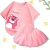 Clothing Sets Summer Girls Mesh Princess Dress Printed Strawberry Bear Cotton T-shirt Skirt 2-piece Kawaii Casual Suit For Aged 2-12