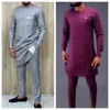 Luxury Mens Suit Shirt and Pants Set of 2 Clothing Crew Neck Solid Color Festive Long Sleeves African Ethnic StyleM4XL 240430