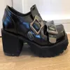 Elbise Ayakkabı Metal Toka Tasarım Kalın Topuk Pompalar Patent Deri Sokak Tarzı Yüksek Topuklu Punk Siyah Kare Toe Kadın Sandalias Mujer