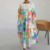 Casual Dresses Women Loose Fit Dress Colorful Printing Maxi With Side Pockets For Three Quarter Sleeve Round Neck A-line Vacation