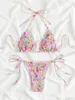 Женские купальники Yiiciovy Women Swimsuit Bikini Set Sexy Sexy Ruched Floral Print Slveless Hearter Lace Up Low Taist Supar Couse Baging Supe Пляжная одежда T240505