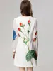 Lässige Kleider Frauen Runway O Hals Langarmes Blumen bedrucktes Perlen Patchwork Mode Kurzweste Vestidos
