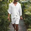 Men's Tracksuits 2024 Summer 2PCS Cotton Linen Short Sets Casual Tops Shorts Suit Sleeve Pajamas Soft Breathable Beach