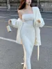 Arbetsklänningar 2024 Kvinnor Elegant Solid Strap Top Sticke kjolar Cardigan 3 -stycken Set Office Lady Korean Blue White Tröja med bältesdräkt