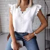 Kadın Tişörtleri Moda V Yastık Kısa Kollu Katı Kadın Üstler ve Bluzlar 2024 Yaz Beyaz Dantel Günlük Zarif Ofis Bayanlar Top Femme