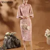 Vêtements ethniques Style chinois Elegant Cheongsam robe Femme Vintage Vintage Pink Floral Imprimé Qipao Dames Sweet Slim Split Robes
