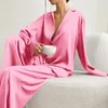 Seksi Düşük Kesim Moda Pijamaları Kadınlar İçin Set Gevşek Günlük Uzun Kollu Pantolon Takım Saten İpek Dişi Ev Tipleri 2Piece 2piece 240428