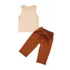 Clothing Sets 1-6Years Kids Baby Girls Clothes Set 2024 Summer Solid Color Sleeveless Tank Crop Tops Bow Pants With Belt Casual Outfits