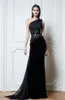 검은 원 숄더 Zuhair Murad 이브닝 드레스 수제 꽃을 통해 아플리케를 통한 Aline Sweep Train Prom Evening Party Dress3619550