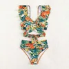 Kvinnors badkläder axelband baddräkt bikini set med justerbar hög midje ruffel dekor rygglös för simning