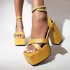 Sandals Stone Striped Microfiber Material Square Toe High Thick Heel Exposed Hollow Sexy Platform Ankle Strap Roman Shoes