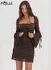 Casual Dresses Habbis Fashion Brown Lace Patchwork Booty Mini Dress Night Club Clothing for Women 2024 Backless Up Short Sexy