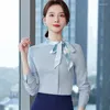 Frauenblusen Naviu Stil Sommer Herbst Mode formelle Damen Shirt Frauen Tops Schlanker eleganter Bürostand Bogen Blau weiße Bluse Arbeit Abnutzung