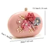 Pink Color Flower Cute Women Evening Bags Circular PU Fashion Diamonds Pearl Floral Glitter Handbags Metal Chain Shoulder Clutch 240430