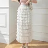 Spódnice ciasto tutu spódnica kobiety eleganckie kaskadowe marszczenia liniowe długie koreańskie eleganckie estetyczne elastyczne imprezę talii siatka faldas