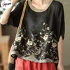 Kvinnors blusar pulabo bomullslinne broderad blommig kinesisk klassisk lös skjorta topp casual retro o nack kort ärm sommar