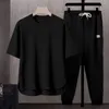 Men's Tracksuits Men Exercise Clothing Set Summer Sport Outfit O-neck Short Sleeve T-shirt Wide Leg Sweatpants With For Active