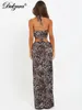 Abiti da lavoro Dulzura 2024 Abito abbinante Stampa leopardo Halter Hollow Out Wortless Maxi Abito set Women Sexy Outfit Party Club Streetwear