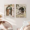 Sビンテージパストラルイタリアの町の壁アートホームガーデンプラントキャンバスカーバイクヤードポスターとプリントリビングルームベッドルームデコレーションJ0505