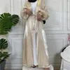 Vêtements ethniques Chic Ramadan Eid tunique Puff Sleeve Cardigan musulman Abayas Kimono Musulmane Dubai Robe de mode avec ceinture arabe