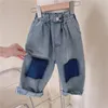 Spring and Autumn Childrens Contrast Wide Leg Jeans Contrast Loose Relaxed Pants for Boys and Girls Jeans Baby Kids Trousers 240430