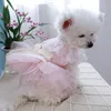 Abbigliamento per cani Estate Pet Abito carino Principessa Riga traspirante in pizzo rosa gonna soffice decorata con abiti da gatto a prua