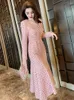 Abiti casual nobili abiti da ballo elegante donna donna dolce stile di lana rosa lucido luccichio a sequenza singola petto di pesce coda di pesce banchetto