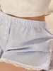 Short féminin Sweet Blue Striped Bouton Pantalon court Femmes Lace Trime élastique haute maison décontractée hétéro rétro mignonne y2k