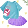Clothing Sets Summer Girls Mesh Princess Dress Printed Strawberry Bear Cotton T-shirt Skirt 2-piece Kawaii Casual Suit For Aged 2-12