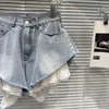 Short féminin Femmes 2024 Summer Lotus Leaf Hem Cousage des coussins blancs biseautés blancs larges de denim